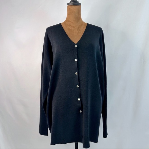Eileen Fisher Sweaters - Eileen Fisher Black 100% Wool V-Neck Longline Button Cardigan Size Large